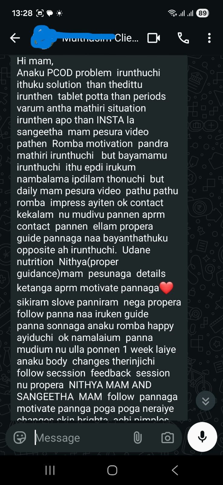Anonymized WhatsApp feedback from a Super Mom client