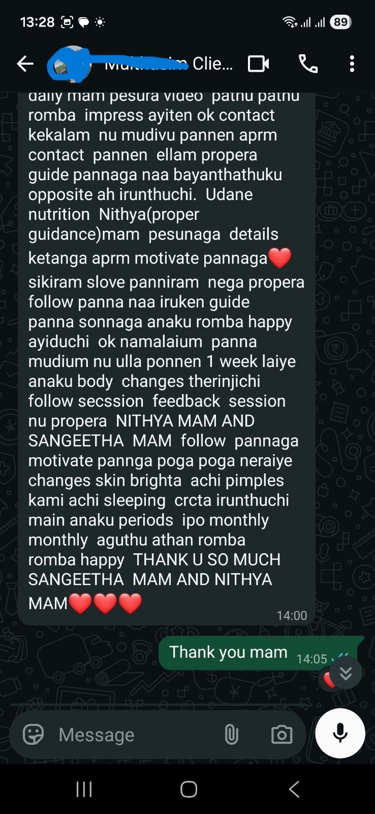 Anonymized WhatsApp feedback from a Super Mom client